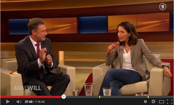 "Anne Will" vom 22. 10. 2014: Talkmasterin Will und Claus Weselsky, der Bundesvorsitzenden der Gewerkschaft Deutscher Lokomotivführer. Screenshot You tube