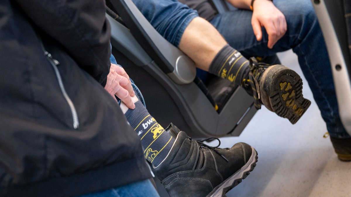 Zwei Wanderer präsentieren ihre "bwegt"-Socken.