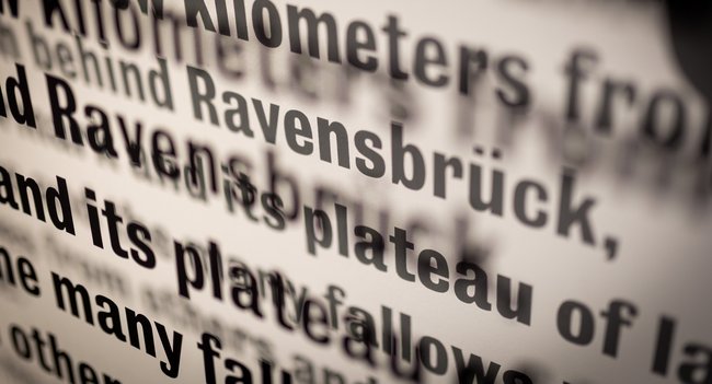 "Blaubeerkommando", Text von Dominique Hurth auf Glas.