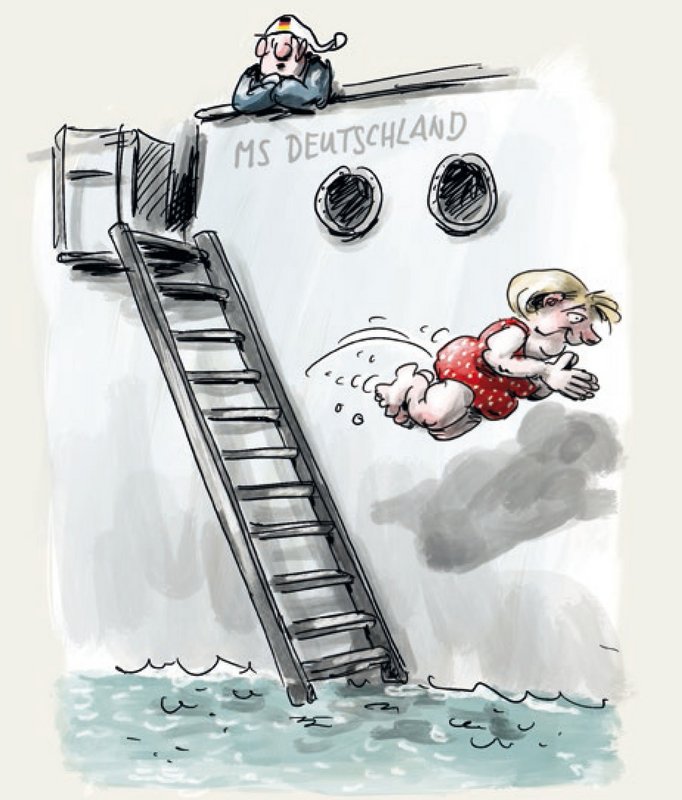 Zum Abschied das größte Referenzkaliber: Angelehnt an John Tenniels berühmte Bismarck-Karikatur "Dropping the Pilot" ("Der Lotse geht von Bord") macht sich die Lotsin hier ziemlich vergnügt vom Acker (2021).