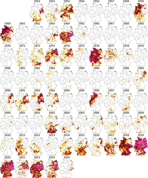 Dürremonitor des Helmholtz-Zentrums für Umweltforschung: dunkel ist schlecht, Pink noch schlechter. Grafik: UFZ