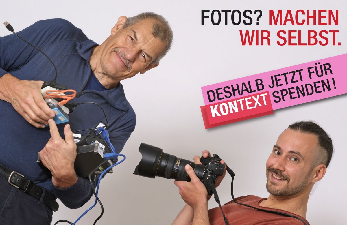 Hätten gerne eine Kollegin an ihrer Seite: Kontext-Fotografen Joachim E. Röttgers und Jens Volle (von links). Foto: Joachim E. Röttgers und Jens Volle, Montage und Grafik: Susanne Wais