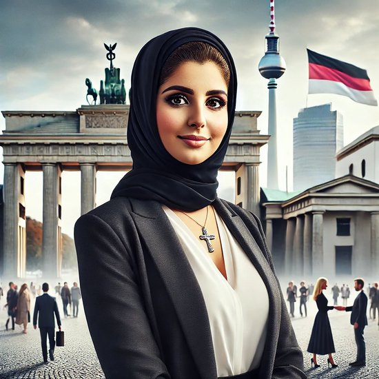 Ergebnis der Vorgabe "christliche arabische Frau". Gemäß "feminist AI" besser vorgeben: "Frau mit dunklen langen Haaren und Kreuz am Hals". Bild: DALL-E/ChatGPT