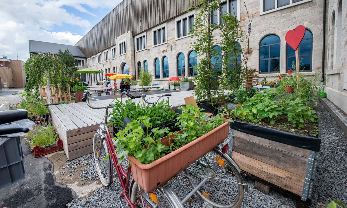 ... mit Urban Gardening. Dazwischen: eine kleine Bühne.