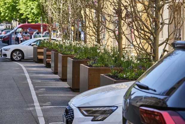 Der Horror für Konservative: Wo einst der Asphalt erfreute, blühen jetzt Bäume (Dorotheen-Quartier in Stuttgart). 