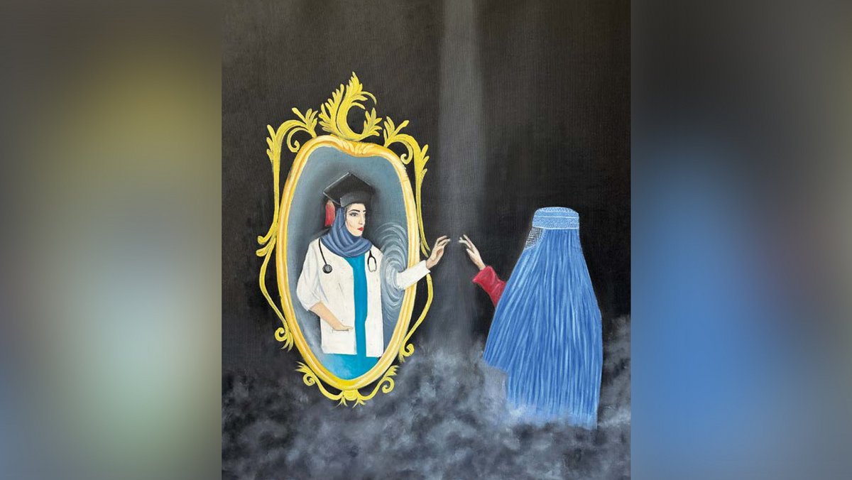 "Das Bild drückt den unerfüllten Wunsch aller afghanischen Mädchen nach Bildung und Freiheit aus. In der heutigen Situation sind Frauen in Afghanistan nicht nur ihrer Grundrechte, sondern auch ihrer Identität und Freiheit beraubt."