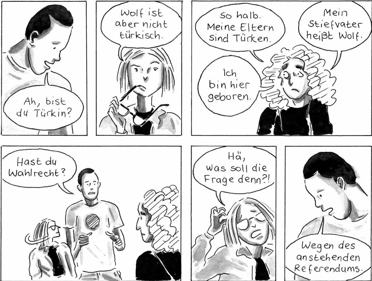 Zu ihrem Verdruss wird ihre türkische Herkunft immer wieder thematisiert, wie hier beim ersten Treffen mit anderen KünstlerInnen, um eine Ausstellung vorzubereiten. Zu ihrem Verdruss wird ihre türkische Herkunft immer wieder thematisiert, wie hier beim ersten Treffen mit anderen KünstlerInnen, um eine Ausstellung vorzubereiten.