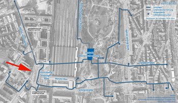 GWM-Rohrsystemskizze: Pfeil markiert aktuellen Wasserandrang (Baugrube 4, Stadtbahntunnel). Grafik: DB