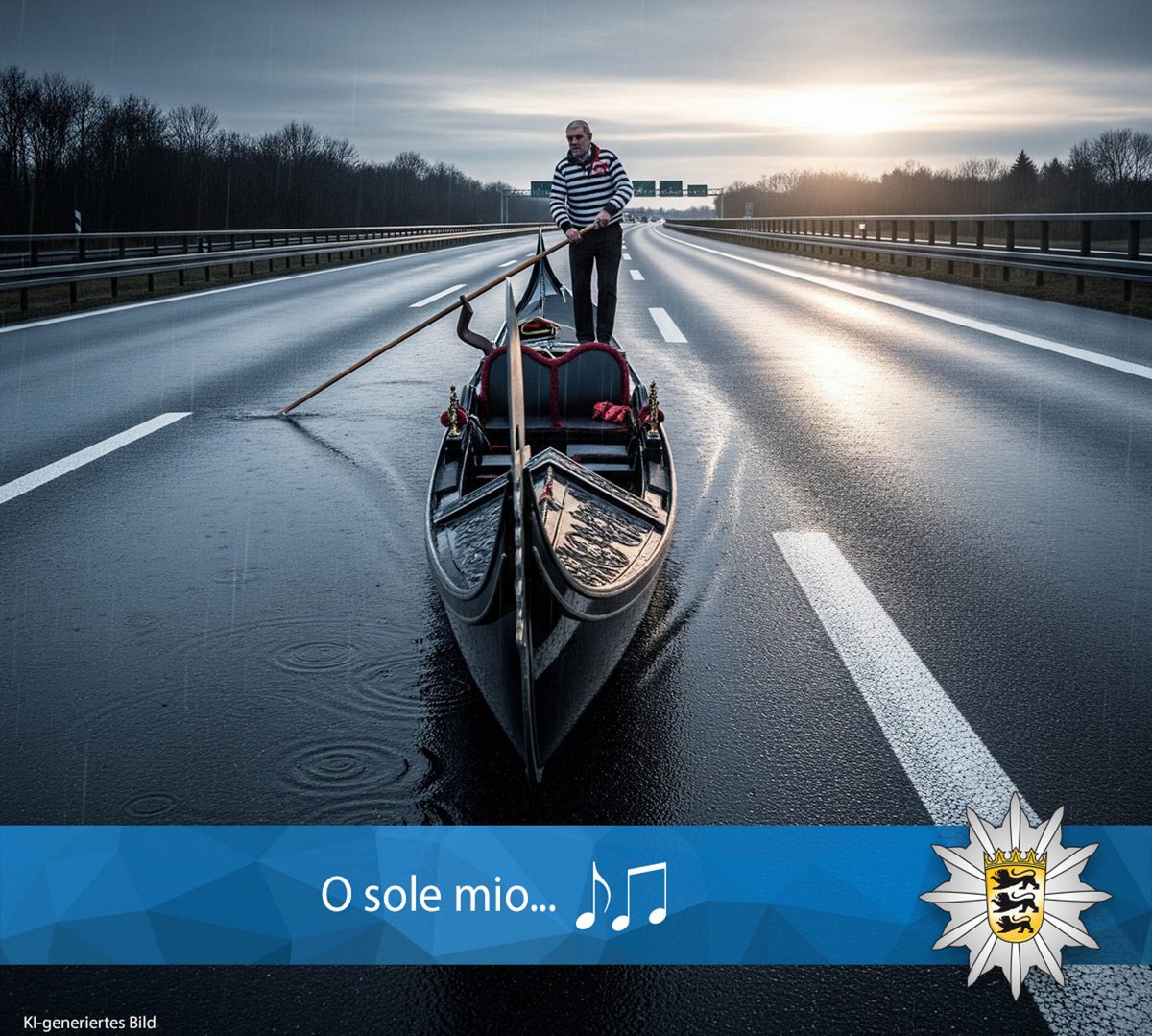 Urlaubsstimmung auf der A5: Staugeplagte träumen sich nach Venedig? Nein, Aquaplaning ist gemeint. Mehr KI mit Klick. Screenshot: Polizei Freiburg