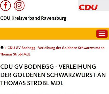 Goldene Schwarzwurst? Hat dieser MdL wohl verdient. Screenshot: <a href="https://www.cdu-kreis-rv.de/termine/cdu-gv-bodnegg-verleihung-der-goldenen-schwarzwurst-thomas-strobl-mdl">www.cdu-kreis-rv.de</a> Goldene Schwarzwurst? Hat dieser MdL wohl verdient. Screenshot: <a href="https://www.cdu-kreis-rv.de/termine/cdu-gv-bodnegg-verleihung-der-goldenen-schwarzwurst-thomas-strobl-mdl">www.cdu-kreis-rv.de</a>