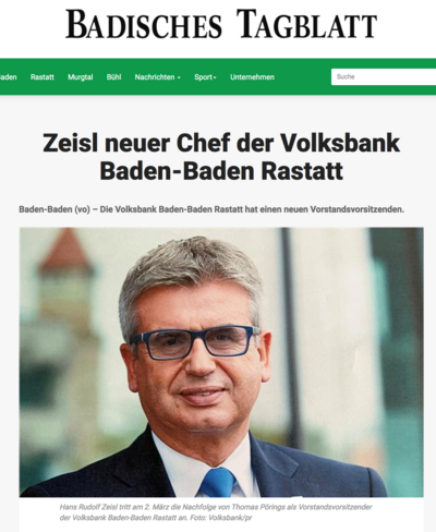 Big News vom hohen Tier: Banker Hans Rudolf Zeisl hat den Wirkungskreis gewechselt. Screenshot: Badisches Tagblatt Big News vom hohen Tier: Banker Hans Rudolf Zeisl hat den Wirkungskreis gewechselt. Screenshot: Badisches Tagblatt