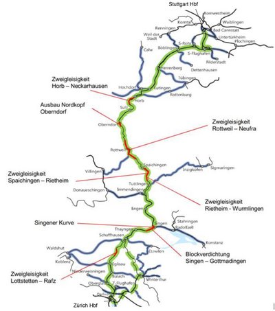 Gäubahnverlauf inklusive geplanter Ausbaustrecken laut Bundesverkehrswegeplan. Grafik: Verkehrsministerium Baden-Württemberg
