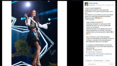 AfD-Model Carla Caucean bei der Wahl zur "Miss Model of the World" 2014 in China. Foto: Screenshot Facebook