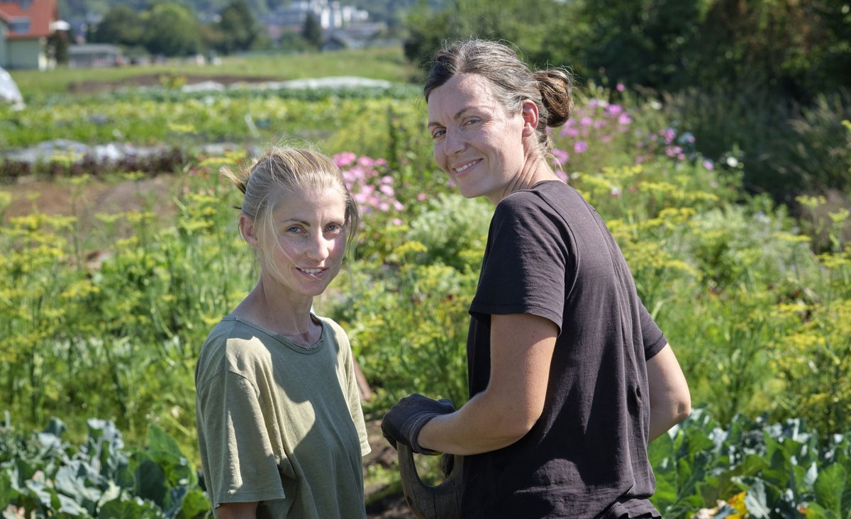 Freya Zorn (links) und Elise Kammerer (rechts) auf ihrem Acker im Handschuhsheimer Feld. Was dort wächst, zeigt sich per Mausklick.