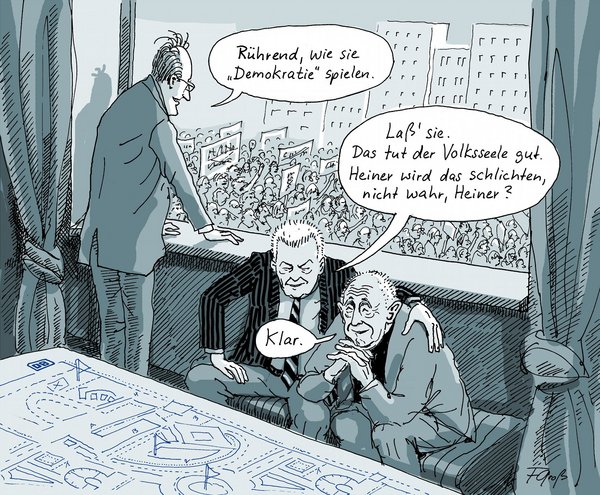 Neutral? Kumpel Geißler, Wolfgang Schuster und Rüdiger Grube vor dem letzten Schlichtungs-Akt, der Stresstest-Präsentation. Karikatur: Friederike Groß. Erstmals veröffentlicht in der "Stuttgarter Zeitung" am 29. Juli 2011. Neutral? Kumpel Geißler, Wolfgang Schuster und Rüdiger Grube vor dem letzten Schlichtungs-Akt, der Stresstest-Präsentation. Karikatur: Friederike Groß. Erstmals veröffentlicht in der "Stuttgarter Zeitung" am 29. Juli 2011.