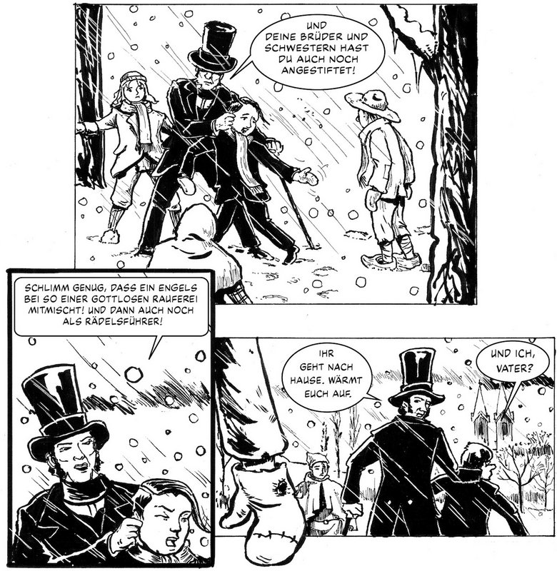 Große Erzählsprünge: Engels im Schneegestöber 1831 mit seinem autoritären, pietistischen Vater …