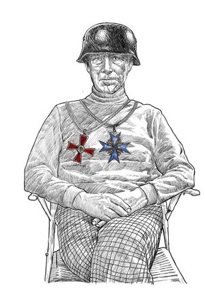 Ernst Jünger mit Stahlhelm und seinen beiden Orden: Pour le Mérite und dem Bundesverdienstkreuz. Karikatur: Michael Weißhaupt