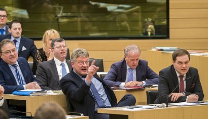 Gilt zu Unrecht als gemäßigt: Ex-AfD-Fraktionschef Jörg Meuthen (vorne links) 2017 im Stuttgarter Landtag. Gilt zu Unrecht als gemäßigt: Ex-AfD-Fraktionschef Jörg Meuthen (vorne links) 2017 im Stuttgarter Landtag.