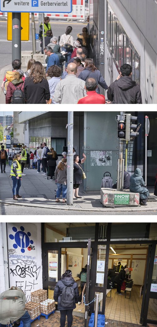 Einmal ums Eck und nochmal rum, so lang ist die Schlange vor der Tafel in Stuttgarts Mitte inzwischen. Fotos: Joachim E. Röttgers Einmal ums Eck und nochmal rum, so lang ist die Schlange vor der Tafel in Stuttgarts Mitte inzwischen. Fotos: Joachim E. Röttgers