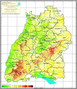 Die Rot- und Brauntöne bedeuten hohe mittlere Windgeschwindigkeit, 80 Meter über dem Boden gemessen. Quelle: DWD, <a rel="nofollow" class="external text" href="https://www.dwd.de/DE/leistungen/windkarten/deutschland_und_bundeslaender.html" target="_blank" class="external-link-new-window">Link</a>