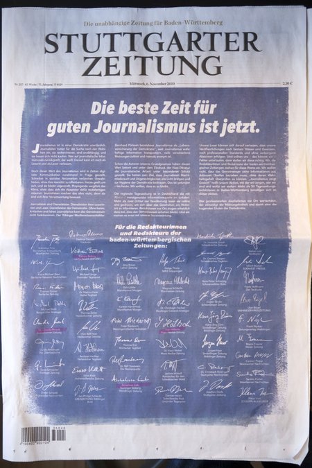 6. November 2019: In Baden-Württemberg erscheint beinahe nur eine einzige Titelseite. Foto: Joachim E. Röttgers
