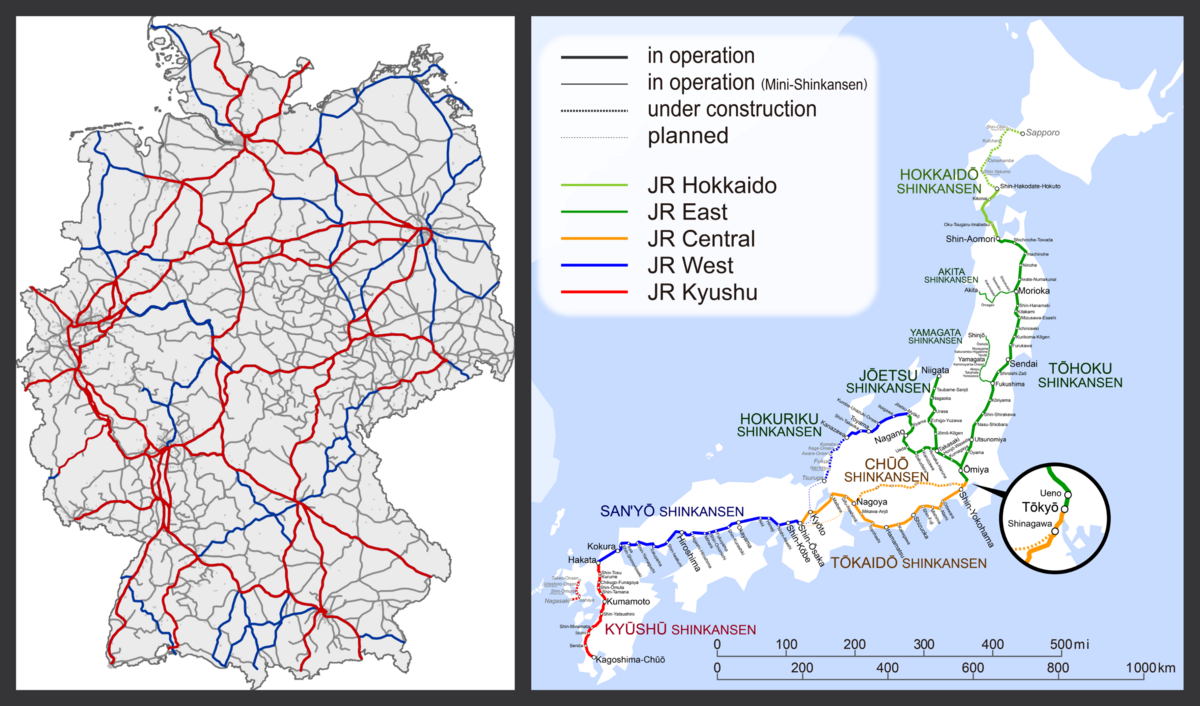 Links das engmaschige Schienennetz in Deutschland (rot: ICE-Strecken; blau: IC/EC-Strecken; grau: sonstiger Personenverkehr). Rechts das Streckennetz japanischer Hochgeschwindigkeitszüge. Grafik: Hisagi, <a href="https://creativecommons.org/licenses/by-sa/4.0" title="Creative Commons Attribution-Share Alike 4.0">CC BY-SA 4.0</a>, <a href="https://commons.wikimedia.org/w/index.php?curid=57119182">Link</a>