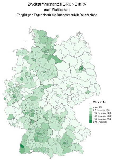 Zweitstimmen für die Grünen 2009 nach Wahlkreisen. Quelle: Bundeswahlleiter