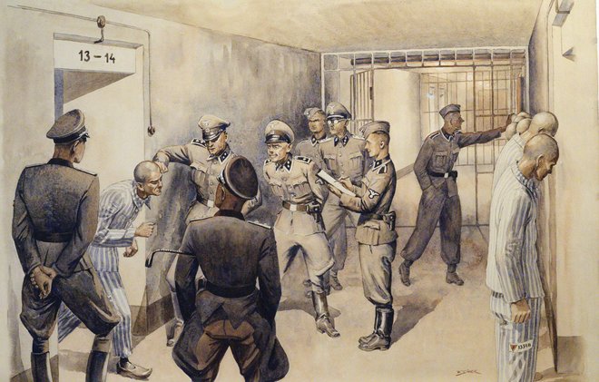 Sadist in Aktion: Wilhelm Boger steht in der Mitte von Wladyslaw Siweks 1949 angefertigter Zeichnung "Eine Selektion im Bunker".