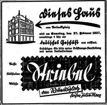 Mit dieser Anzeige in der "Freiburger Zeitung" übernahm die Firma Striebel das Kaufhaus Julius Marx. Der Text lautet: "Dieses Haus am Rotteckplatz wird am Samstag, 27. Februar 1937, vormittags, 9 Uhr, als deutsches Geschäft neu eröffnet. Besichtigen Sie bitte meine Eröffnungs-Ausstellung und meine Verkaufsräume. Stoffe, Aussteuer, Wäsche. Striebel am Rotteckplatz, früher Julius Marx.“ Abbildung: Universitätsbibliothek Freiburg