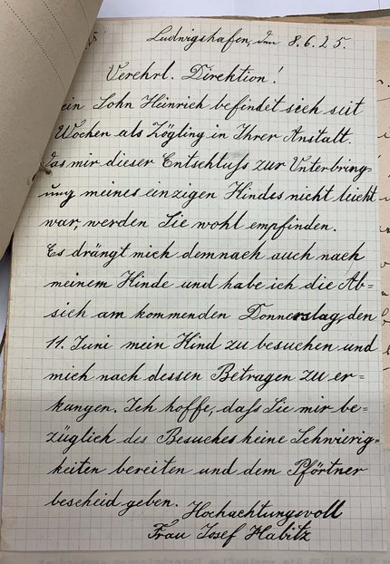 1925 kam Liddy Bacroff in eine Erziehungsanstalt. Brief der Mutter mit der Bitte um einen Besuchstermin. Foto: Generallandesarchiv Karlsruhe, Signatur 484-1 Nr. 4250