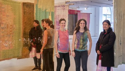 Im Goldkubus spiegeln sich (v.l.) Anna Heringer, Trainerin Lucía Perianes und METI-Leiterin Kalpana Roy. Foto: Joachim E. Röttgers