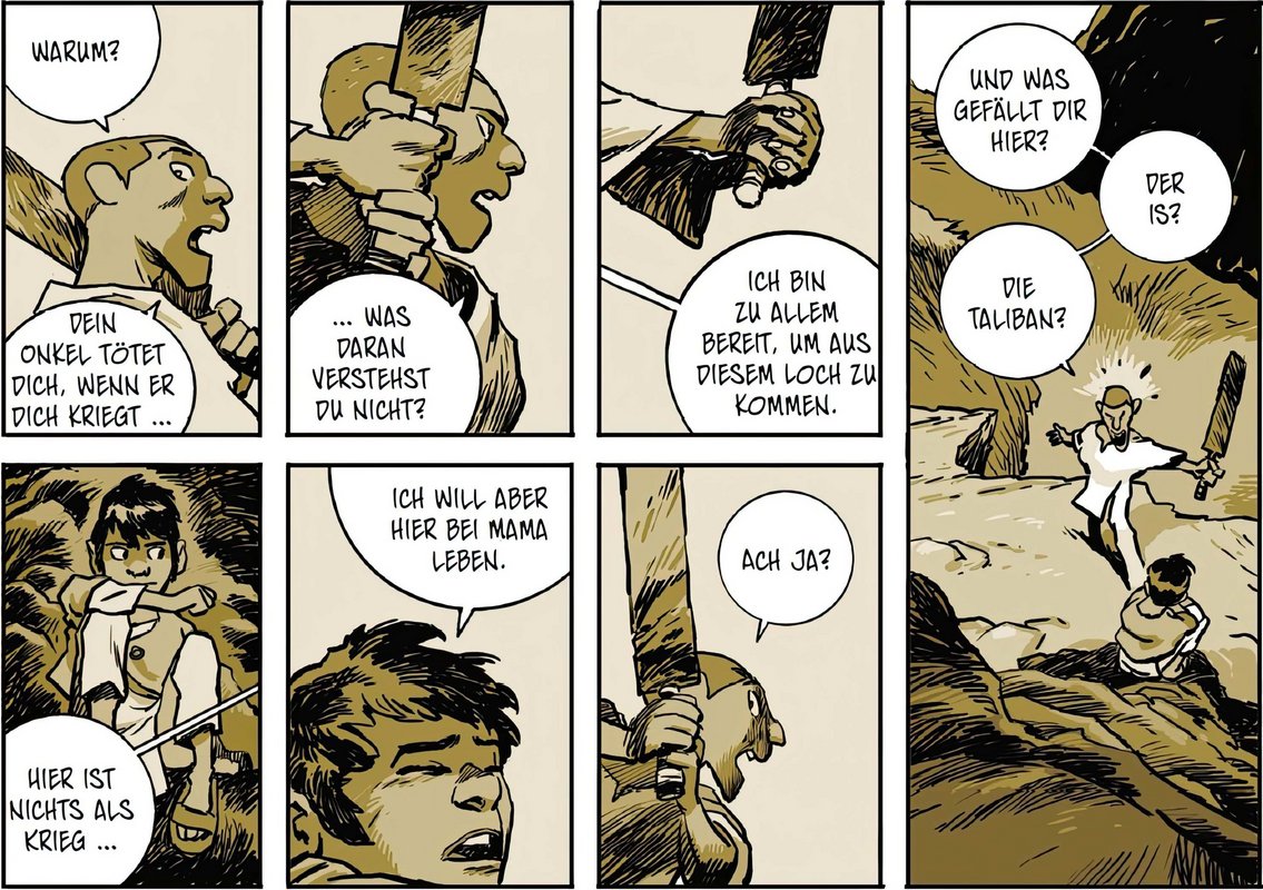 Viele Gründe, Afghanistan zu verlassen: Die Cousins Adil (sitzend) und Shafi in Stéphane Marchettis und Cyrille Pomès Comic "9.603 Kilometer". Bilder: Cross Cult/Cyrille Pomès. Mehr Comicbilder mit Klick auf den Pfeil.