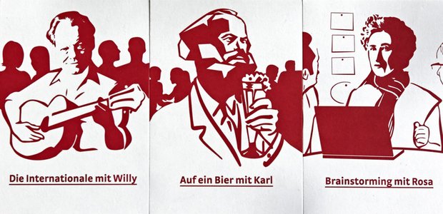 Lang ist's her: Die SPD-Linke verteilt ihre Ikonen auf Postkarten.