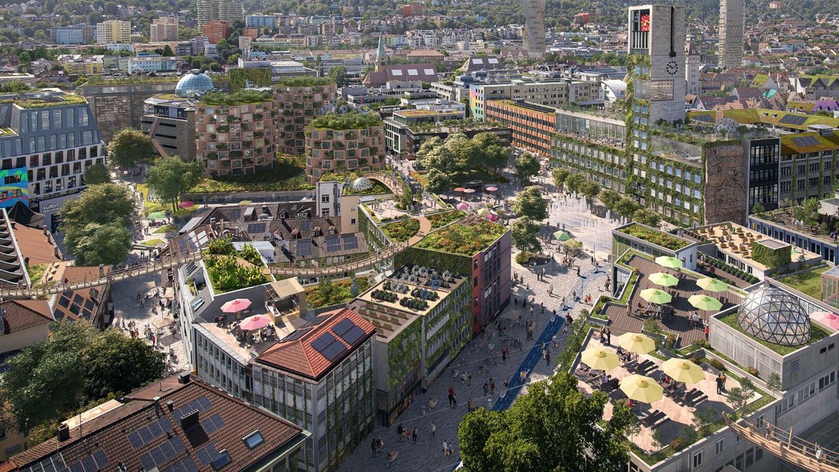 Hängebrücken, Wasserspiele und viel Grün rund um Stuttgarts Marktplatz: eines der "Zukunftsbilder 2045". Foto und Illustration: Reinventing Society