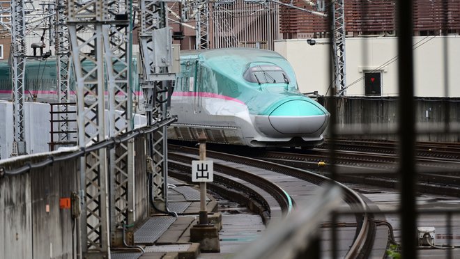 Shinkansen in Sendai. In Städten werden die sonst schnurgeraden Strecken recht kurvig.