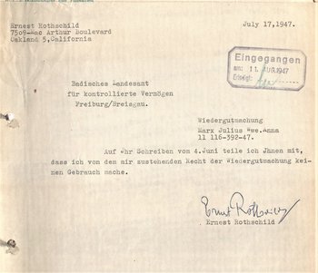 Mit diesem Schreiben an die zuständige Behörde verzichtete Ernst Rothschild im Juli 1947 auf alle Ansprüche aus dem NS-Unrecht. Abbildung: Staatsarchiv Freiburg F196/1 Nr. 6082