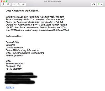 SWR-Mail mit Anweisung. 