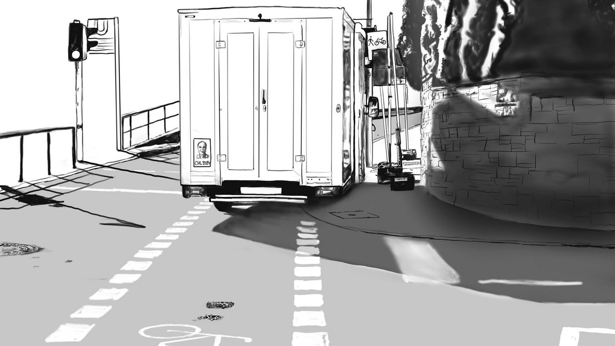 Laster und Verkehrsschilder im Weg.