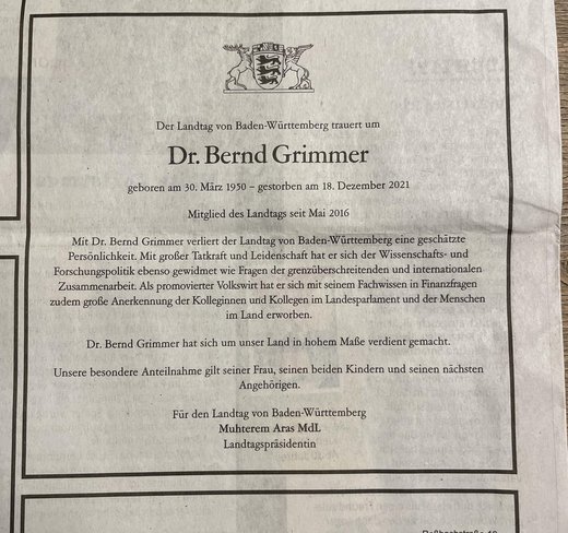 "Mit großer Tatkraft und Leidenschaft": Todesanzeige für den AfD-Politiker Bernd Grimmer in der StZN-Weihnachtsausgabe. Foto: Kontext 
