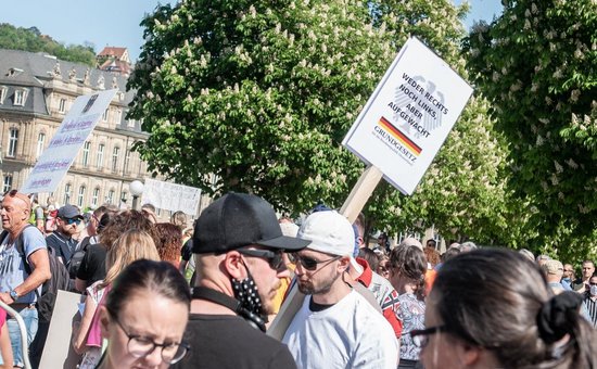 Sieht man öfter bei den Demos: Anwesende halten sich für "weder links noch rechts, aber aufgewacht". Sieht man öfter bei den Demos: Anwesende halten sich für "weder links noch rechts, aber aufgewacht".