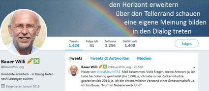 Macht Stimmung: der blogende und twitternde "Bauer Willi", ein Nebenerwerbslandwirt. Screenshot: www.twitter.com, <a href="https://twitter.com/BauerWilli_org" class="new">Link</a> Macht Stimmung: der blogende und twitternde "Bauer Willi", ein Nebenerwerbslandwirt. Screenshot: www.twitter.com, <a href="https://twitter.com/BauerWilli_org" class="new">Link</a>