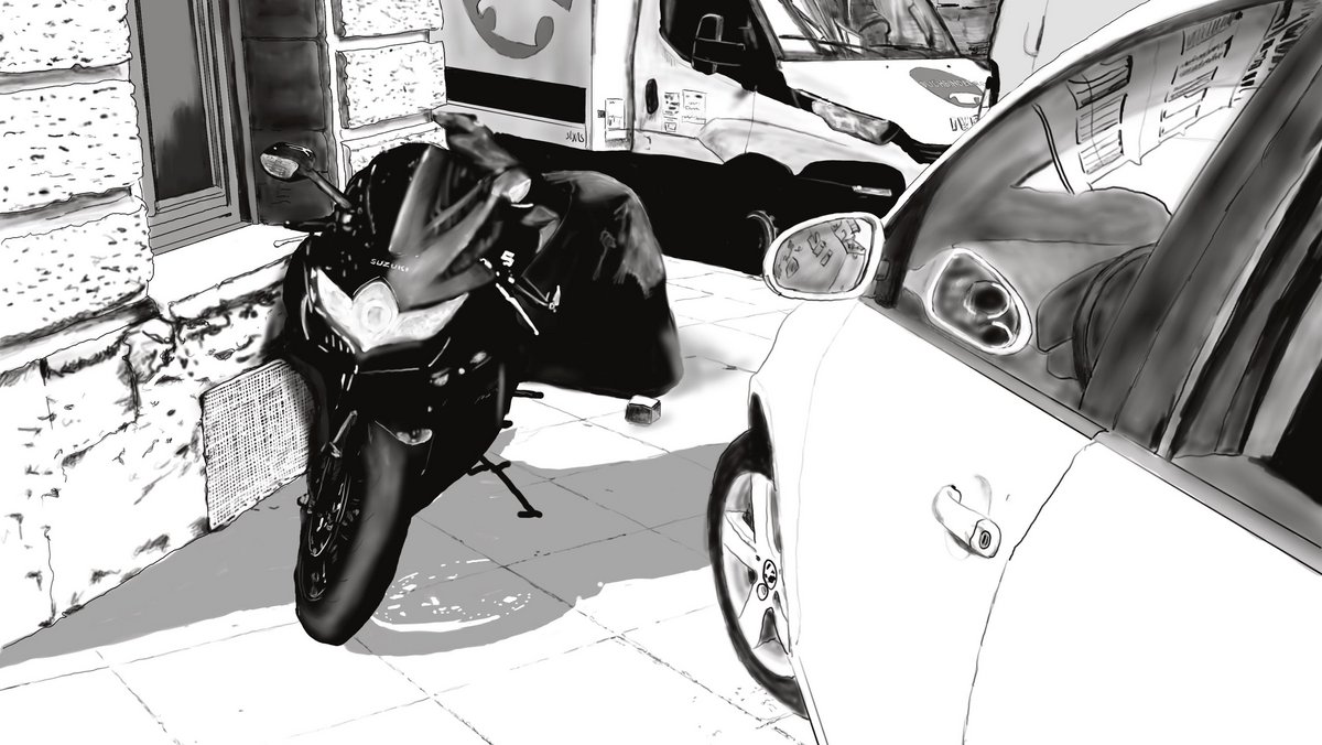 Motorrad, Transporter und Auto im Weg.