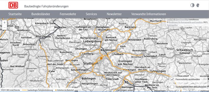 Gelb: das Nahverkehrsnetz der Bahn im Land. Äh, nein, nur die Strecken mit baubedingten Störungen. Ist ja fast das Gleiche. Quelle: DB Gelb: das Nahverkehrsnetz der Bahn im Land. Äh, nein, nur die Strecken mit baubedingten Störungen. Ist ja fast das Gleiche. Quelle: DB