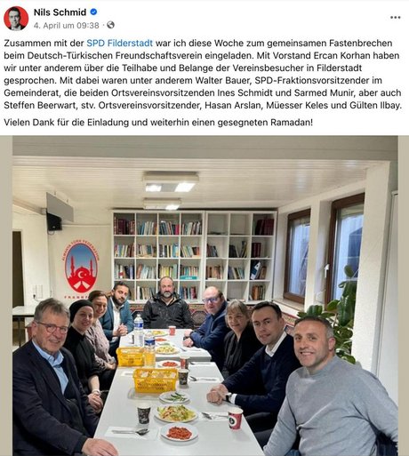 Inzwischen gelöschter Post von Nils Schmid (zweiter von rechts) vom April 2024. Screenshot: Facebook