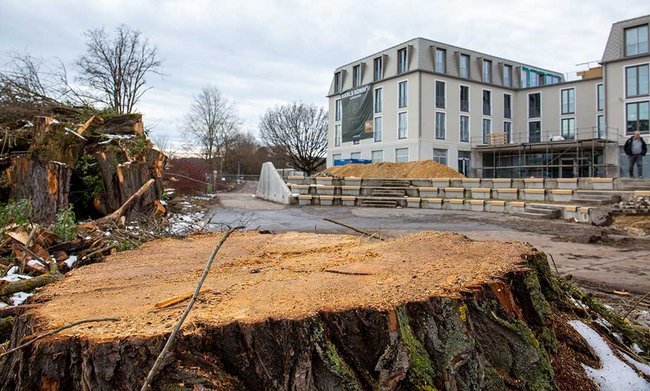 Hinter den Stümpfen kommt Karls Hotel.