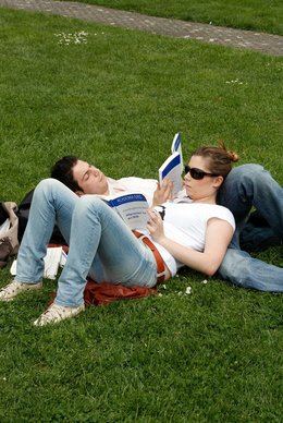 Pärchen liest auf Wiese.