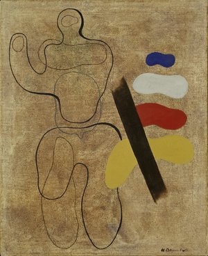 Willi Baumeister: "Linienfigur mit Farben", 1953, Öl auf Baumwollgewebe, CC-Lizenz BY-NO-SA, Willi Baumeister Stiftung.
