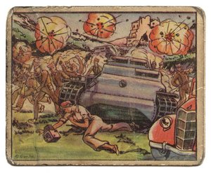 Taros Ende dargestellt auf der Kaugummi-Sammelkarte Nummer 89 aus der Serie 'True Stories of Modern Warfare', 1938. Foto: Collection Christof Kugler
