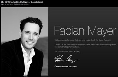 Fabian Mayer (CDU) ist der aussichtsreichste Kandidat. Sein Webauftritt verdient ganz eindeutig das Prädikat "künstlerisch wertvoll". Screenshot: www.fabian-mayer.de