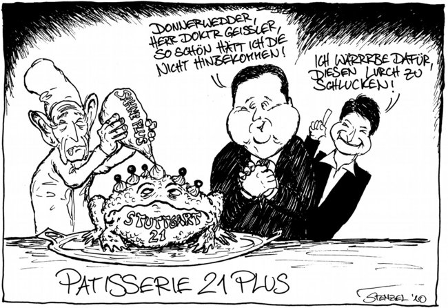 Für S-21-Gegner schwer genießbar: der Schlichterspruch. Karikatur: Oliver Stenzel. Erstmals veröffentlicht in der Monatszeitung "einundzwanzig", Dezember 2010. Für S-21-Gegner schwer genießbar: der Schlichterspruch. Karikatur: Oliver Stenzel. Erstmals veröffentlicht in der Monatszeitung "einundzwanzig", Dezember 2010.